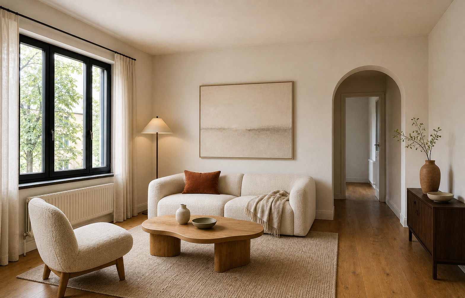 The same living room after redesign, with the structure unchanged